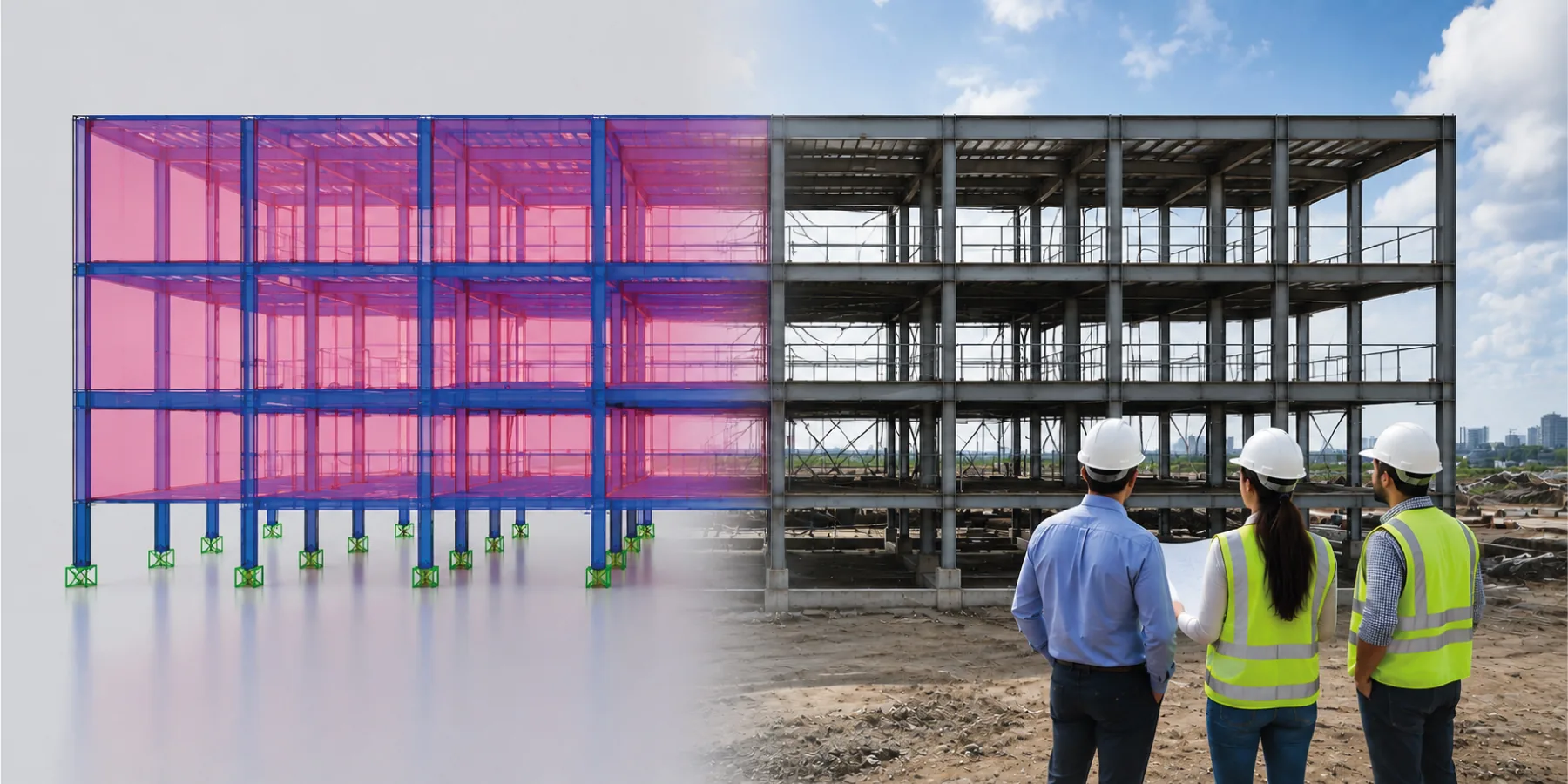 Modelo estructural BIM en transición a una obra en construcción, con el equipo de ingeniería de RIV supervisando en sitio