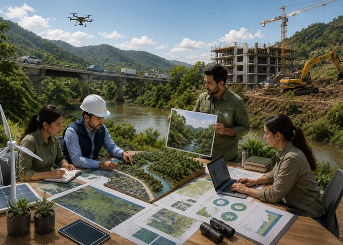 Equipo de RIV evaluando el impacto ambiental de un proyecto con maqueta de un río y dron en vuelo
