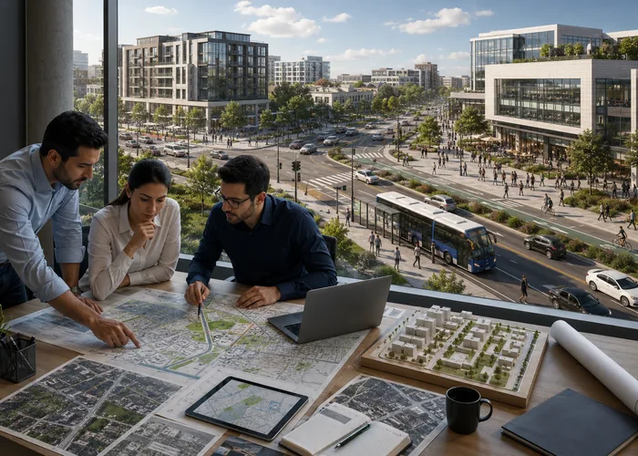 Equipo de RIV analizando mapas y maquetas urbanas frente a una vista de calle con transporte público