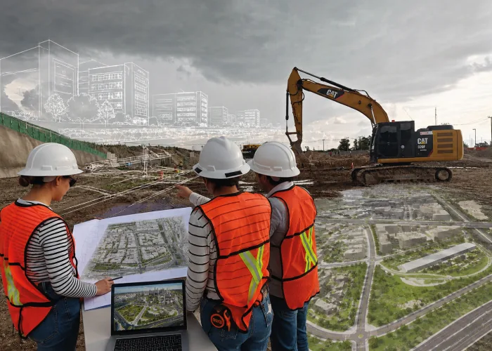 Equipo de ingeniería en sitio revisando el plano de un desarrollo urbano, con maquinaria de construcción