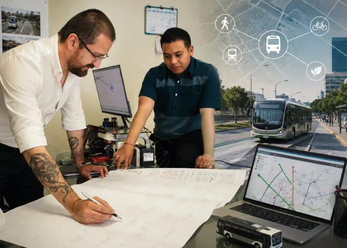 Ingenieros revisando un plan de transporte público, con iconografía de movilidad urbana