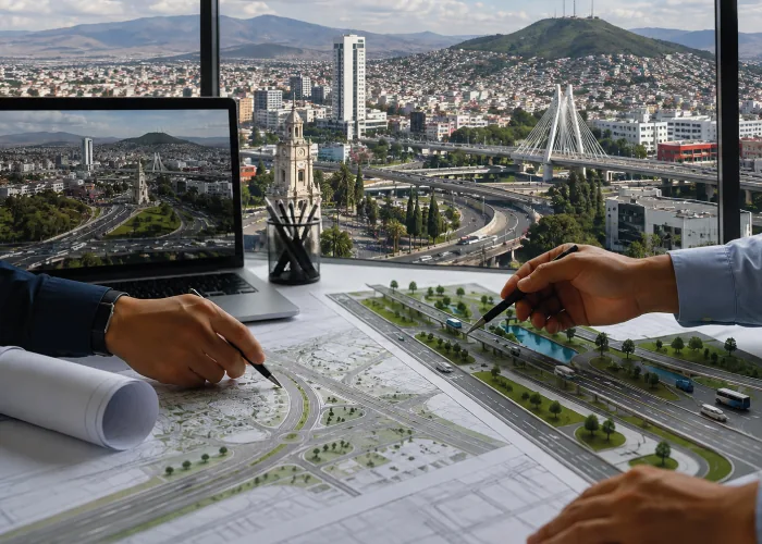 Revisión de planos de movilidad urbana con maqueta y vista aérea de la ciudad de fondo