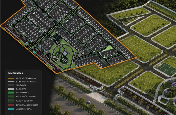 Plano de desarrollo de un fraccionamiento sobre vista aérea del terreno