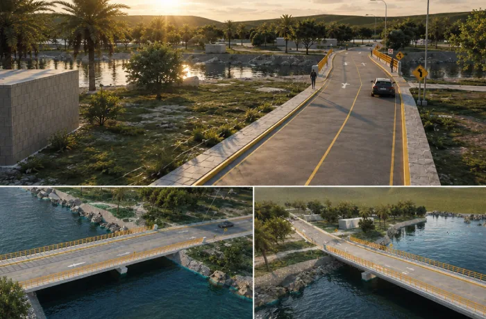 Render fotorrealista de un puente peatonal y ciclista sobre un cuerpo de agua